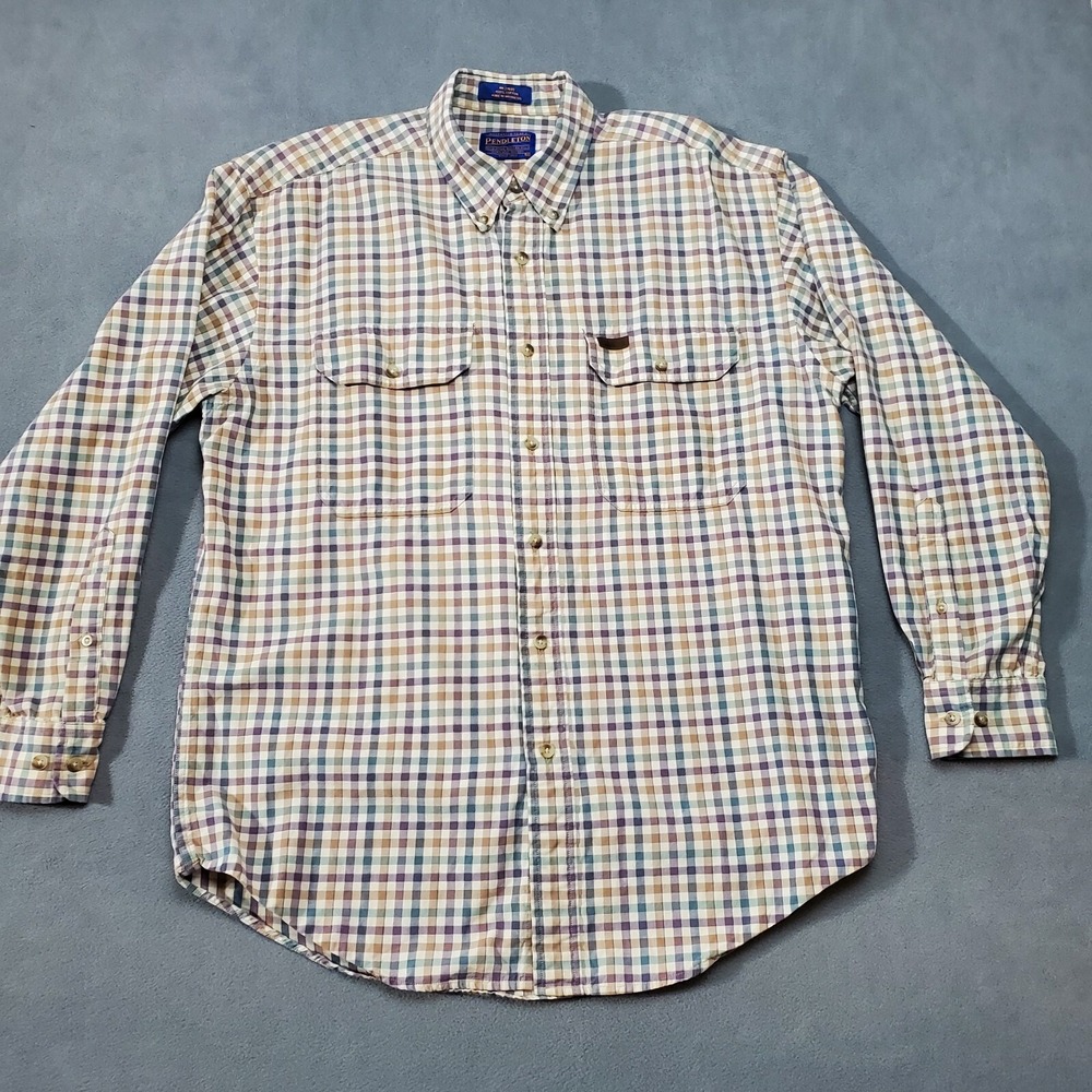 Pendleton Shirt Mens Medium Beige Multicolor Check Long Sleeve Outdoor Hiking